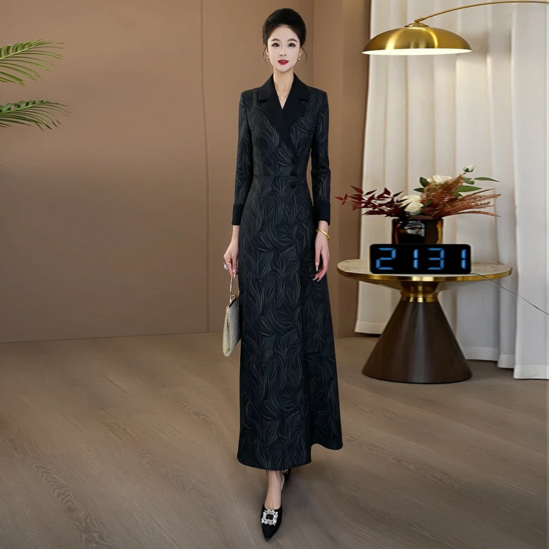 高贵气质连衣裙2025年秋季新款高级大气月影灰长袖过膝长裙190