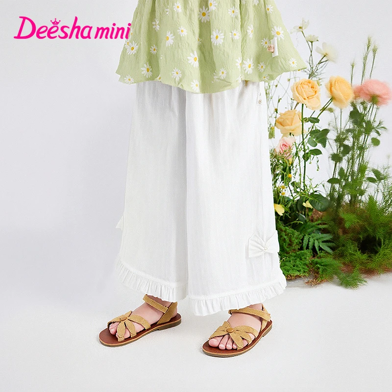 笛莎童装儿童女童裤子夏新款时尚蝴蝶结流行直筒阔腿裤-13252A201