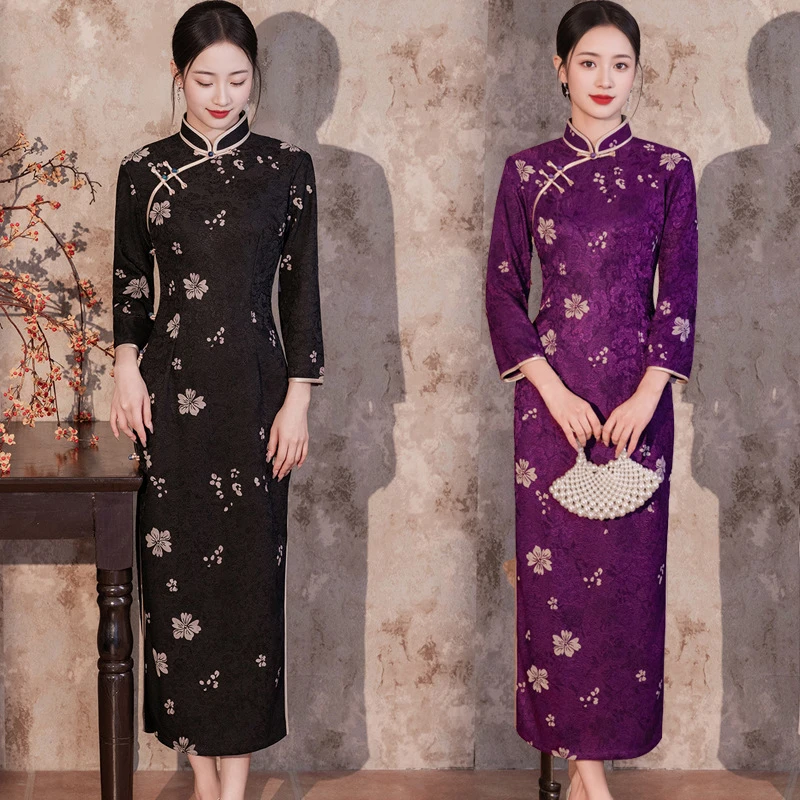 2025紫色新款丝绒改良旗袍长款复古爆款显瘦秋冬女款日常妈妈装