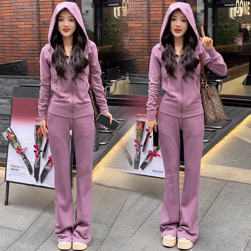 时尚套装女2025春秋新款设计感韩版显瘦连帽卫衣开衫微喇裤两件套