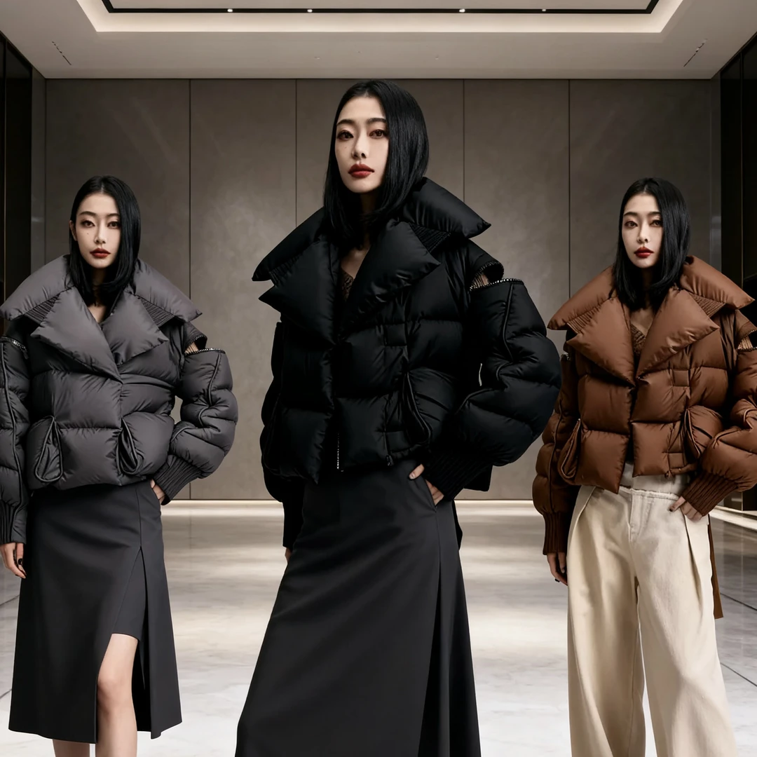 跨境秋冬新款小众针织拼接大翻领羽绒服女短款时尚高奢大款磁吸