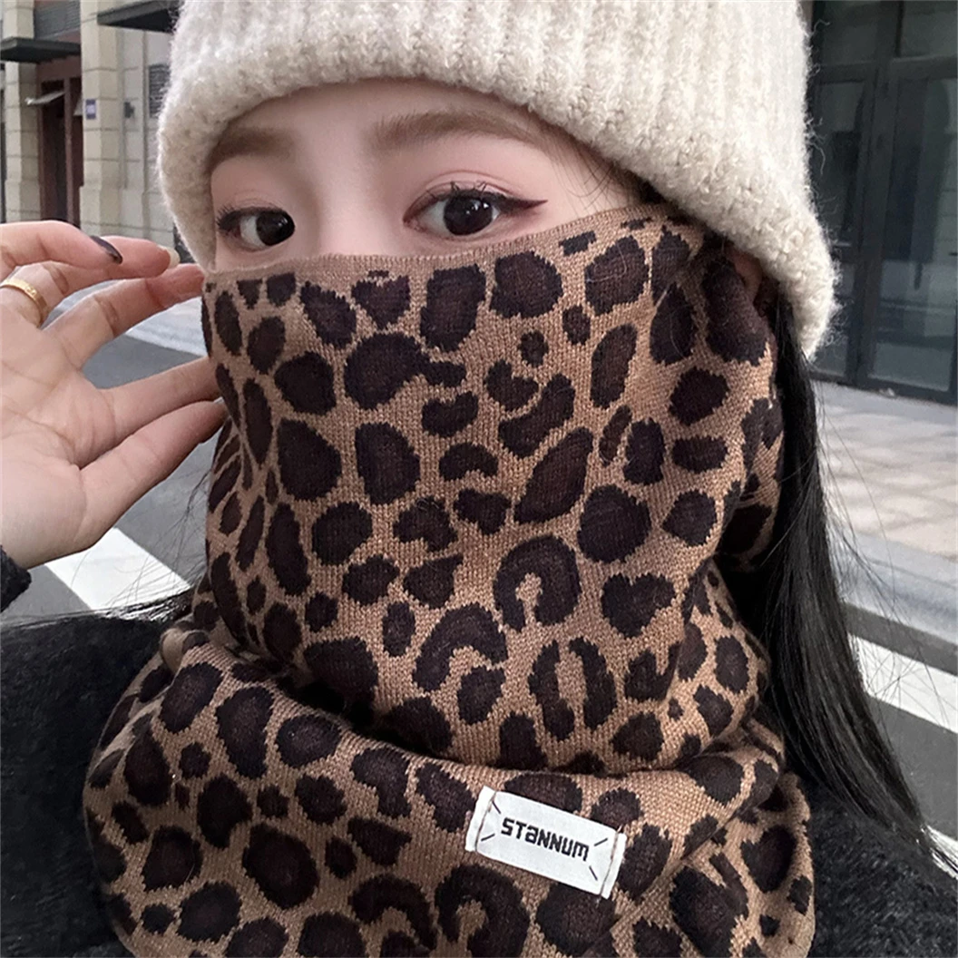 复古豹纹挂耳针织围脖女秋冬韩版时尚百搭保暖防寒护颈脖套面罩潮