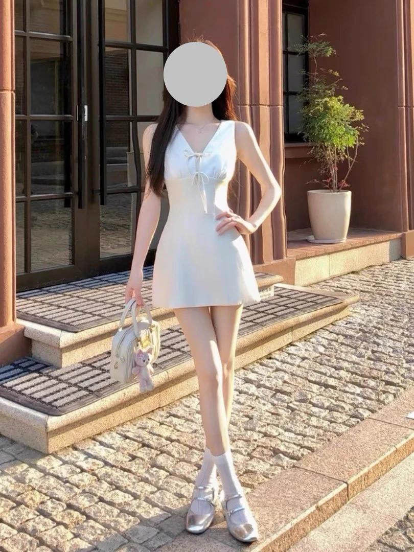 法式温柔领蝴蝶结无袖收腰显瘦夏季女性背心连衣裙