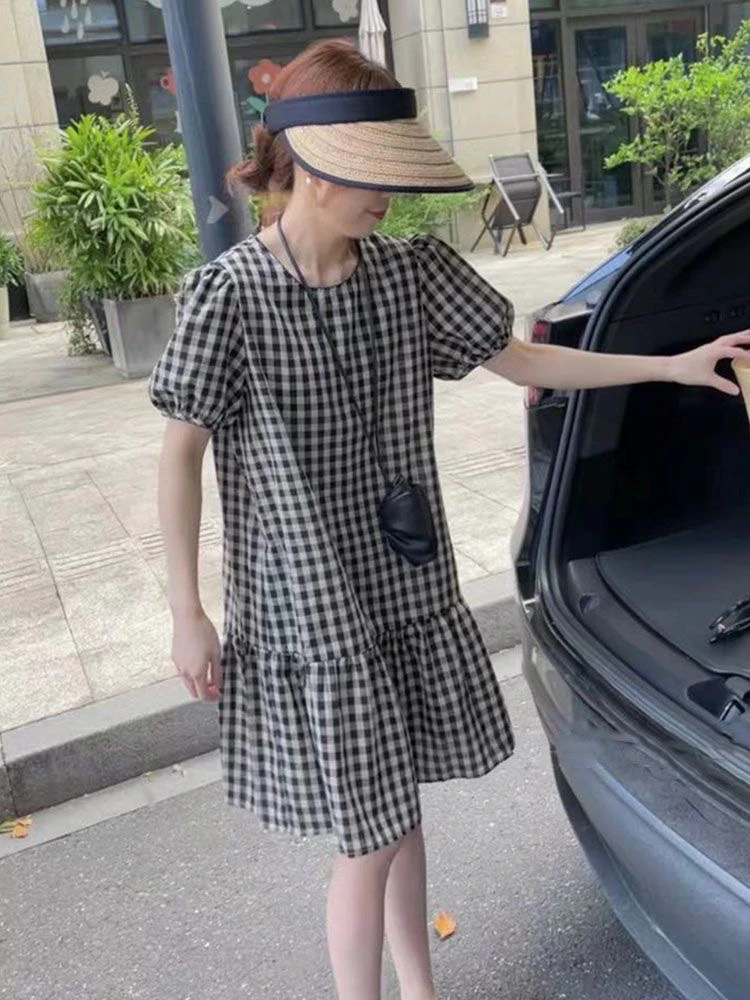 复古格子拼接泡泡袖雪纺小个子a字气质连衣裙夏季新款