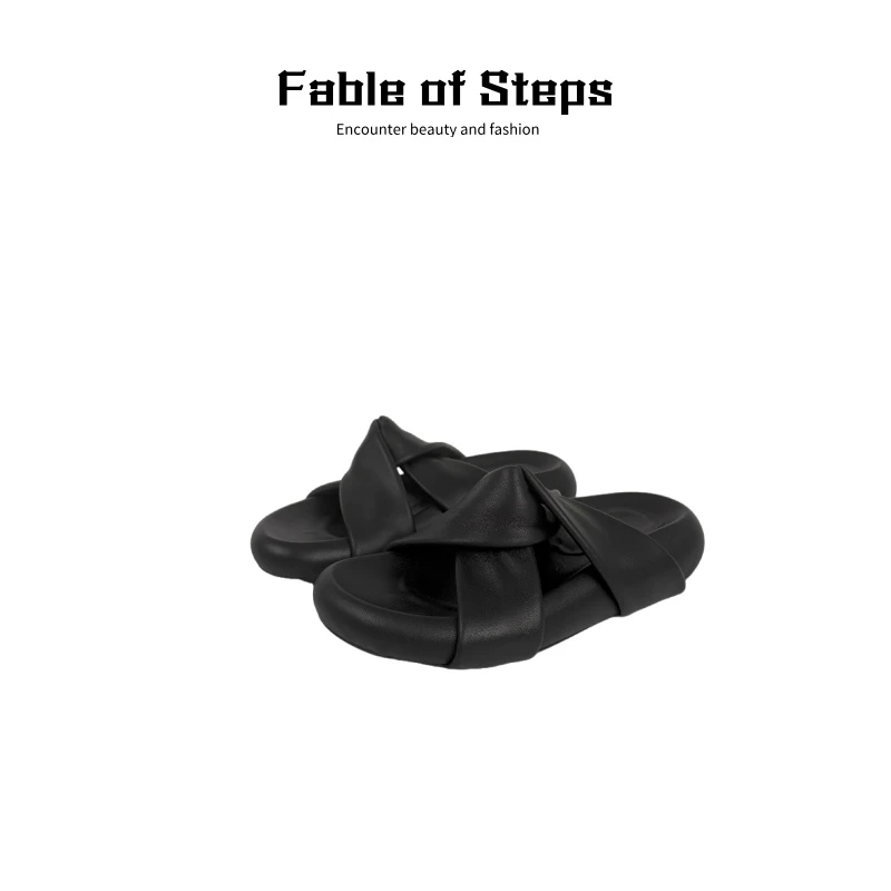 鼎新夏季厚底通勤百搭黑色交叉带拖鞋女X026