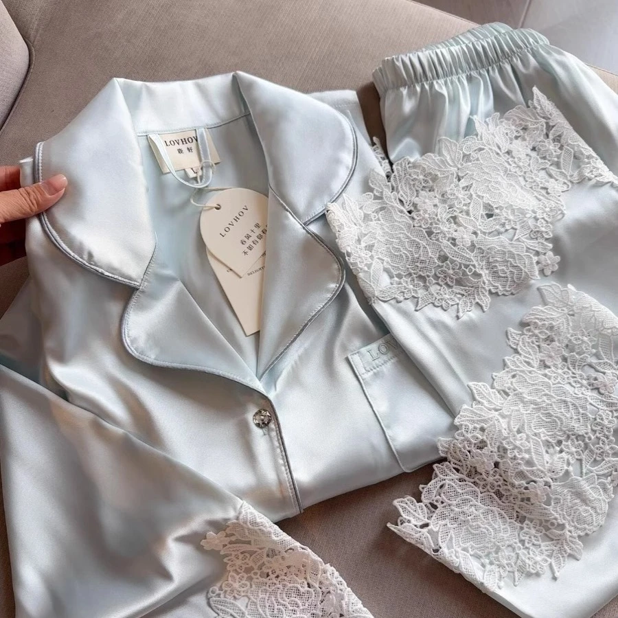 密汀巴灵法式高级感睡衣女春秋款舒适大码长袖长裤蓝色家居服套装