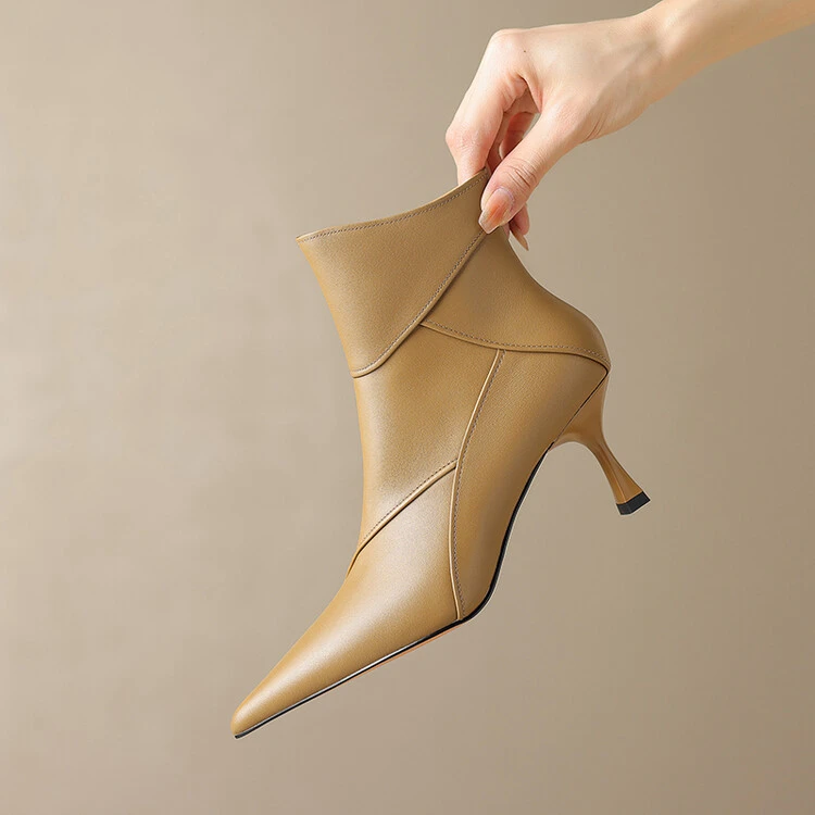 气质时尚2024秋冬新款真皮牛皮短靴女单靴尖头细高跟线条拼接裸靴