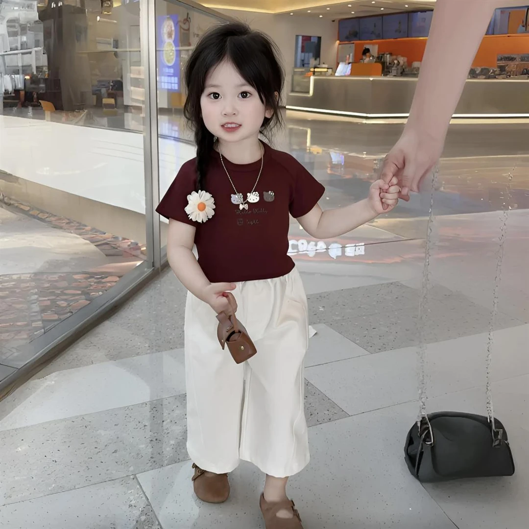 女童套装2025夏装新款韩系酒红色KT猫咪T恤白色直筒分割裤两件套