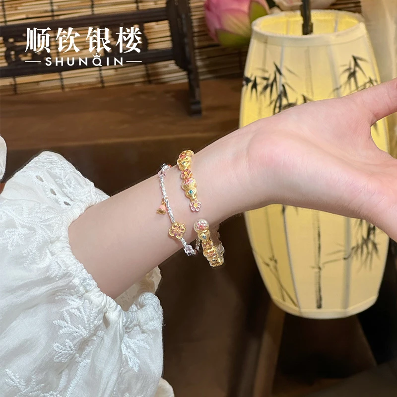 顺钦银楼 925银珐琅手链 【妙樱手链】S925设计感国风手链送女友