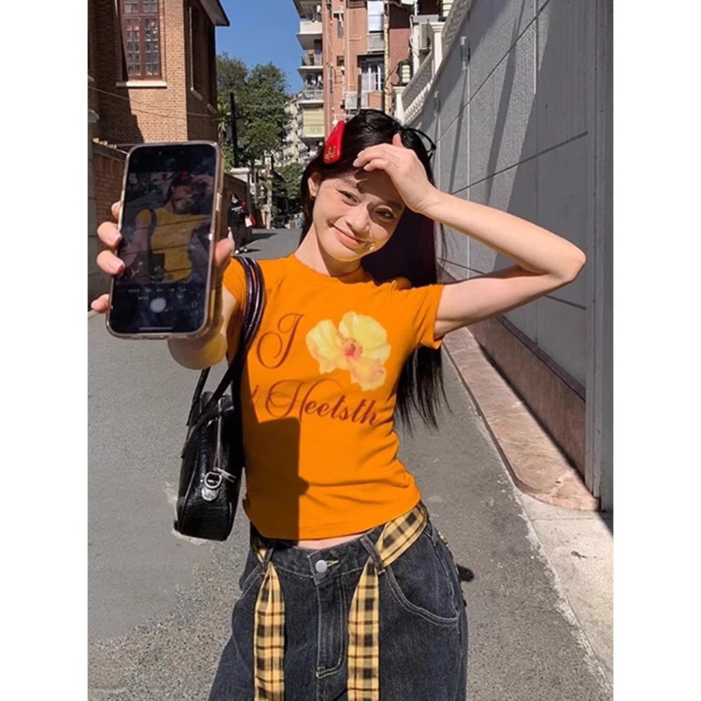 美式辣妹橘色花卉字母印花正肩短袖T恤女夏季修身显瘦圆领短上衣