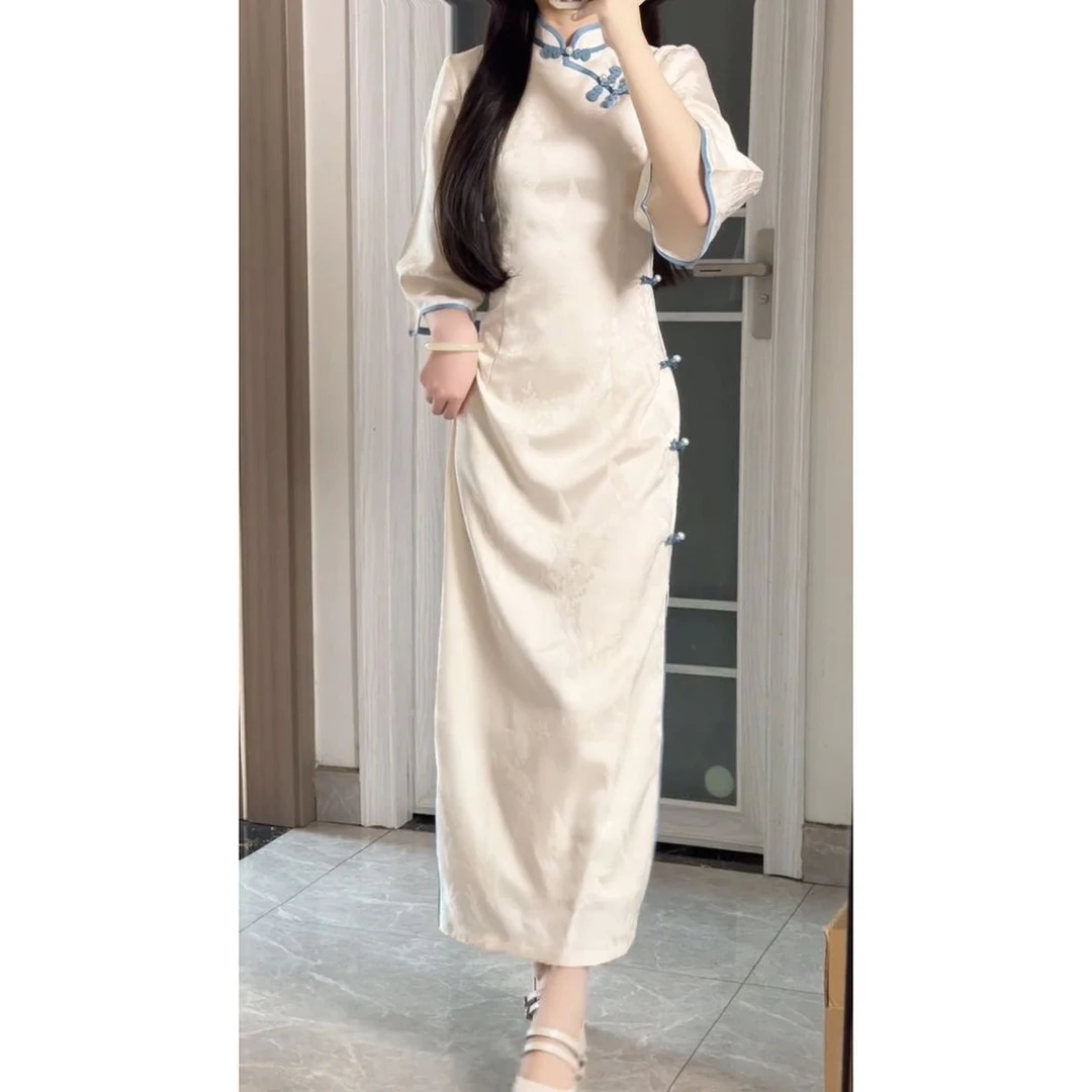 新中式旗袍2025年春秋新款优雅温柔修身倒大袖连衣裙日常可穿裙子