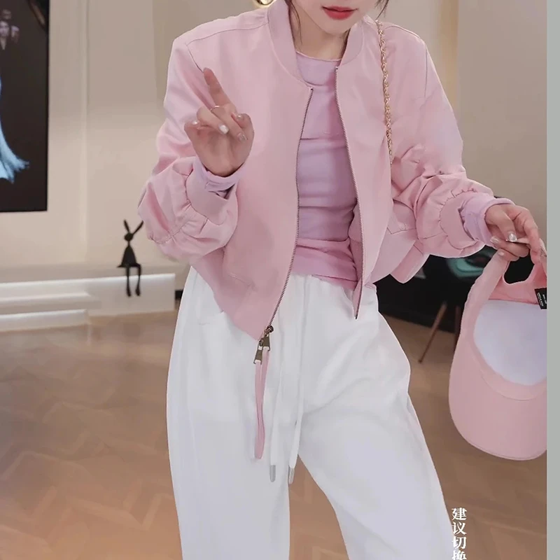 2025春季圆领短棒球服休闲外套拉链美式复古气质黄色夹克短外套女