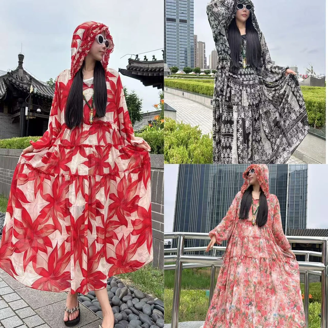 610中长裙防晒四季宽松腰长袖连衣裙长裙韩版中式老钱风