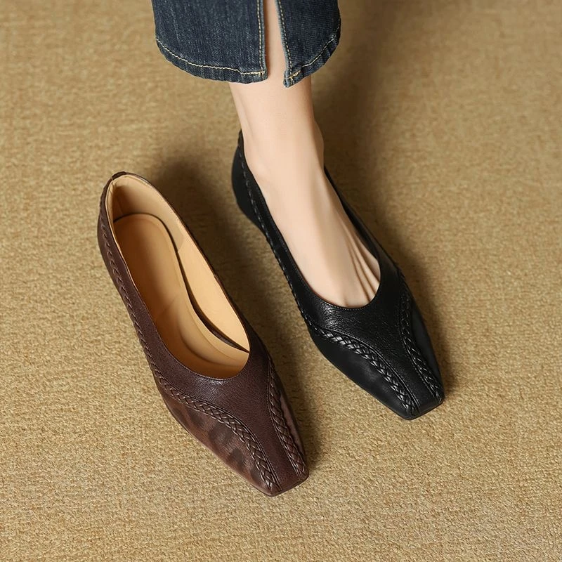 【长卿专属】fh纯手工编织印花拼接真皮小高跟橡胶防滑耐磨单鞋618