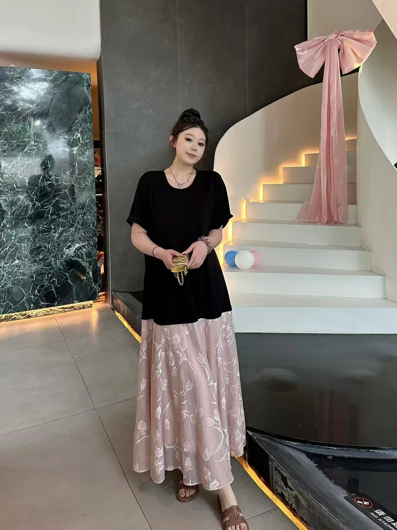 琪琪怪怪大码女装【花漾】高级感撞色拼接提花显瘦连衣裙D17080QQ