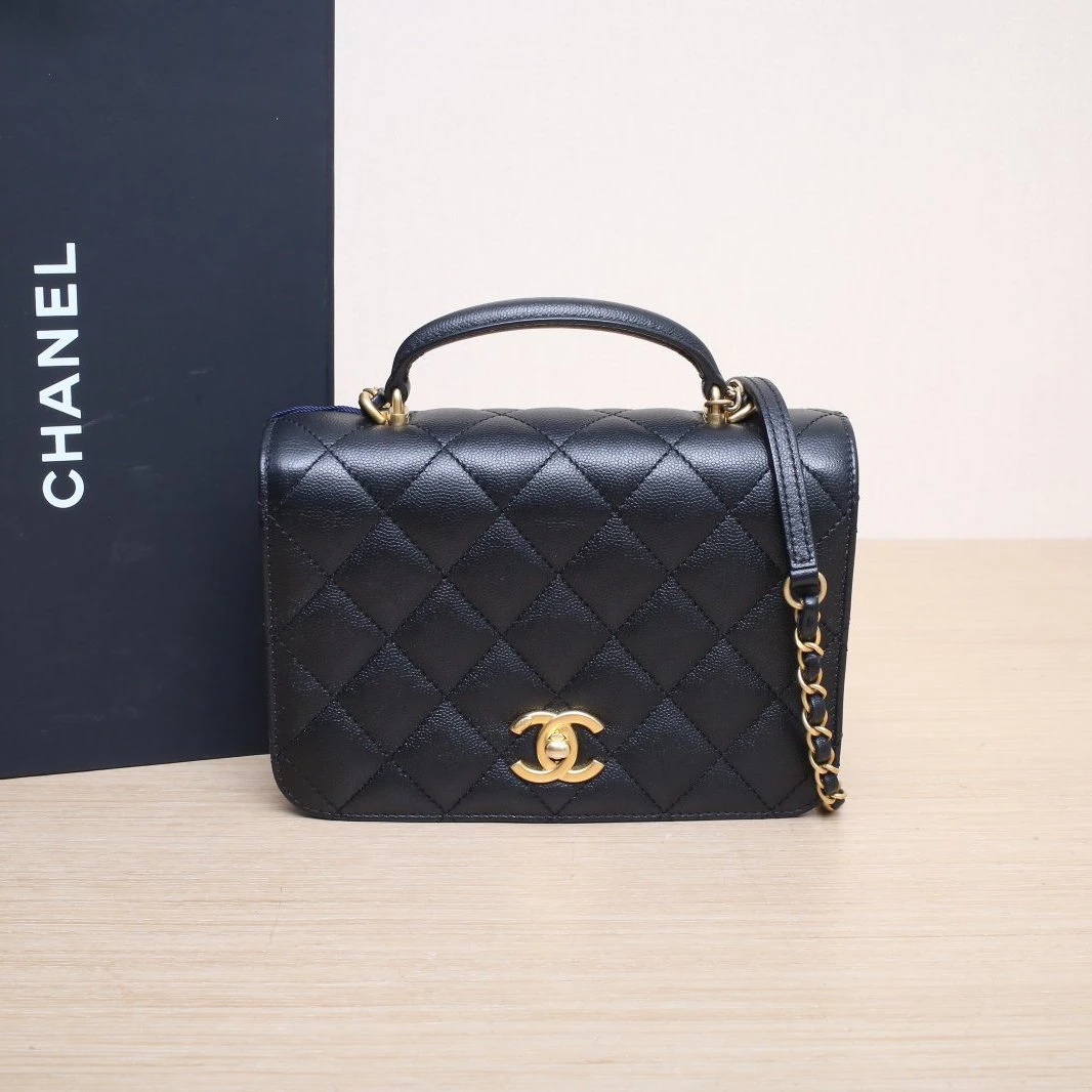 99新 Chanel/香奈儿 小花双双 23B 口盖风琴包 黑色 荔枝牛 芯片