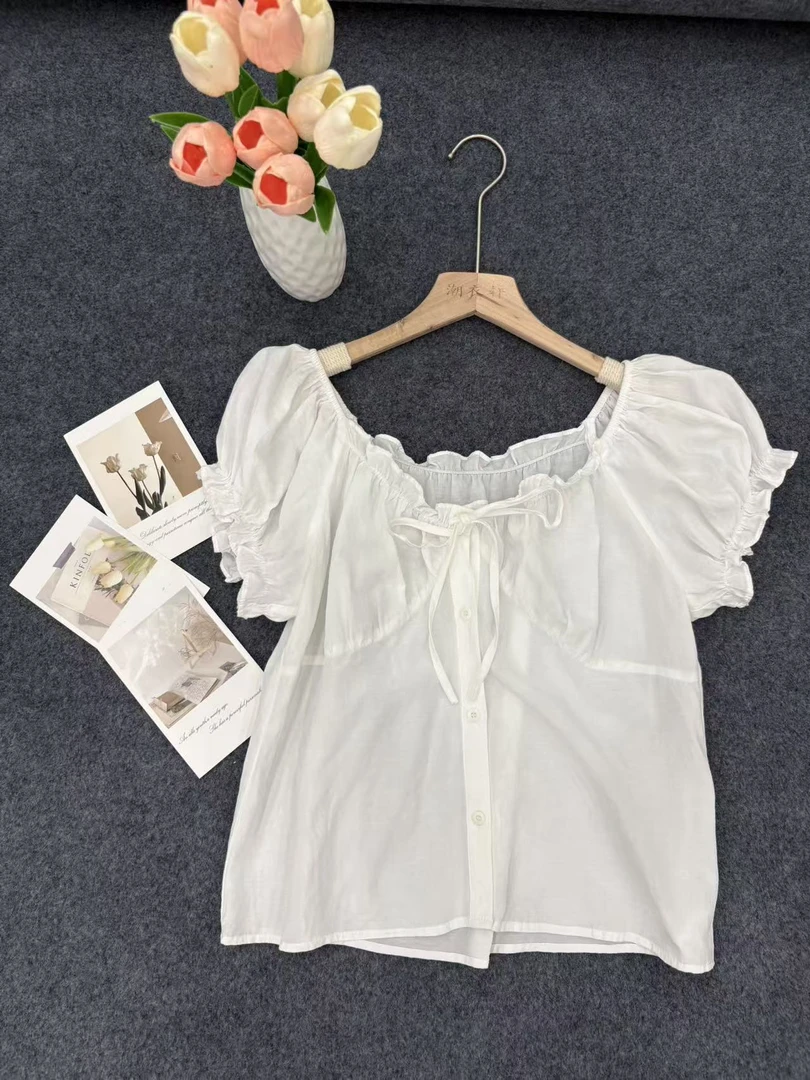 纯色四季通用短款蝴蝶结褶皱衬衫韩版方领泡泡袖