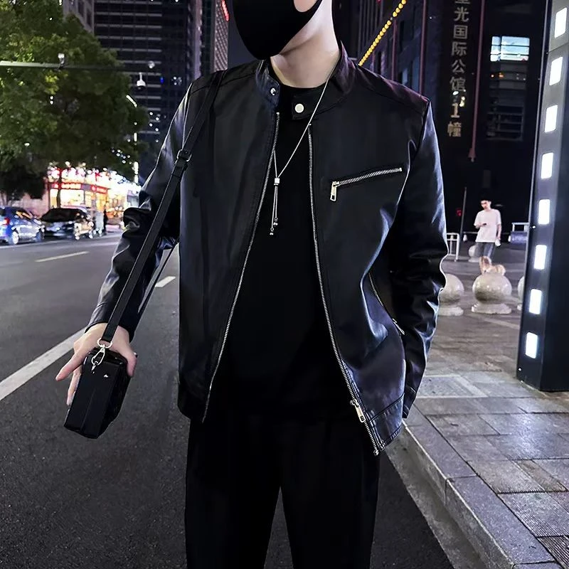 韩版修身立领皮衣外套男潮流百搭机车服休闲痞帅短款春秋皮夹克