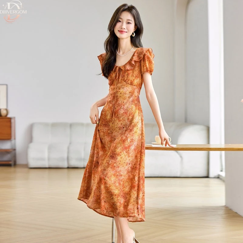 DIIIVERGOM雪纺连衣裙2025夏日新款气质感大方得体海边度假收腰减