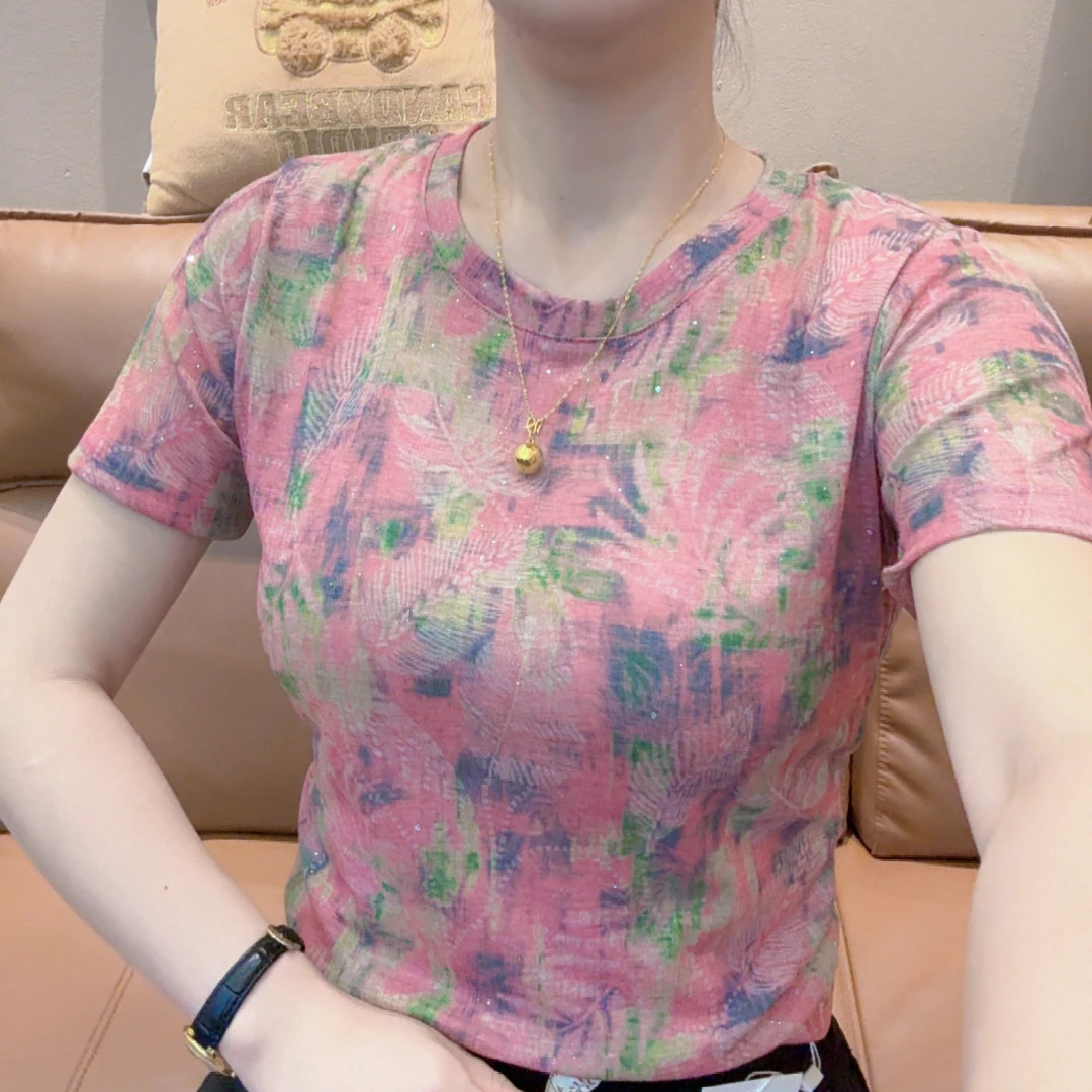 小敏家,夏季新款简约印花修身短袖T恤女百搭显瘦上衣