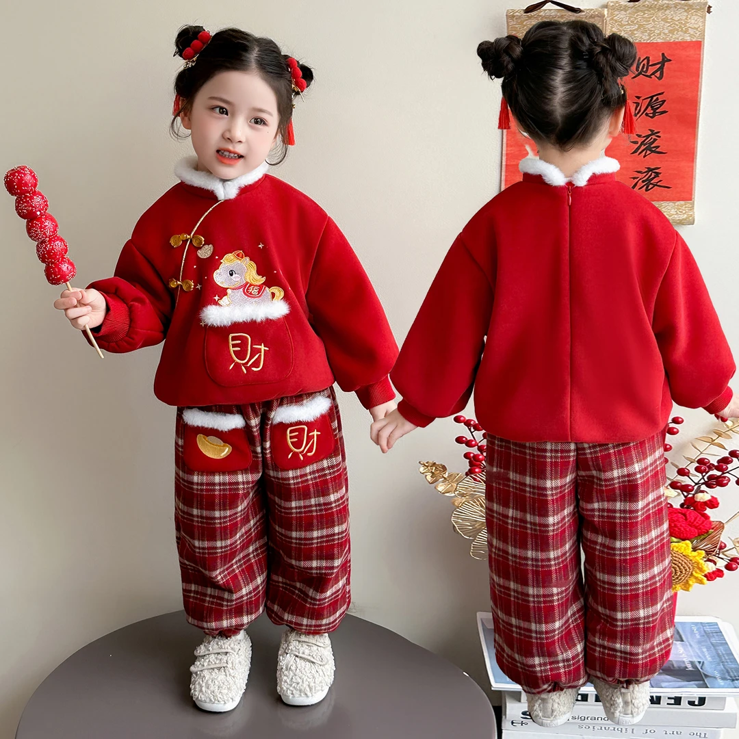 女童冬款新中式国风拜年服套装2025新款女宝洋气炸街红色唐装汉服