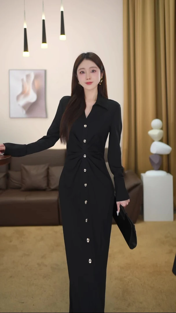 【苏渺】秋季长袖褶皱秋季拼接常规连衣裙时尚长裙修身法式-SW0203