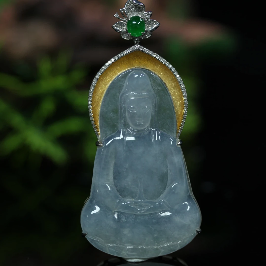 76天然缅甸翡翠A货18K金镶宝相庄严观音吊坠/1230781/拍卖