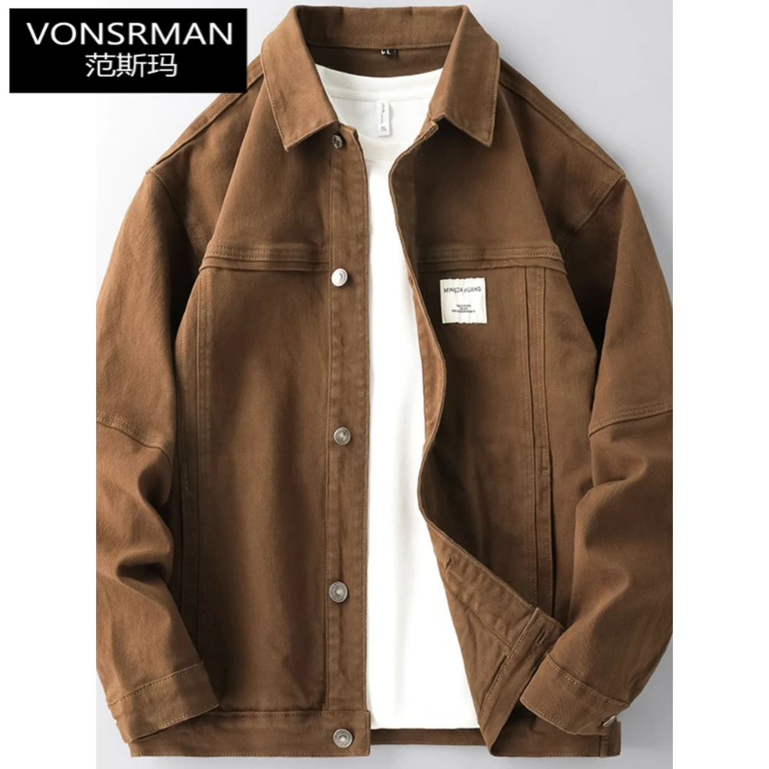 时尚咖啡色牛仔外套男春秋美式潮牌高端复古休闲夹克帅气牛仔上衣