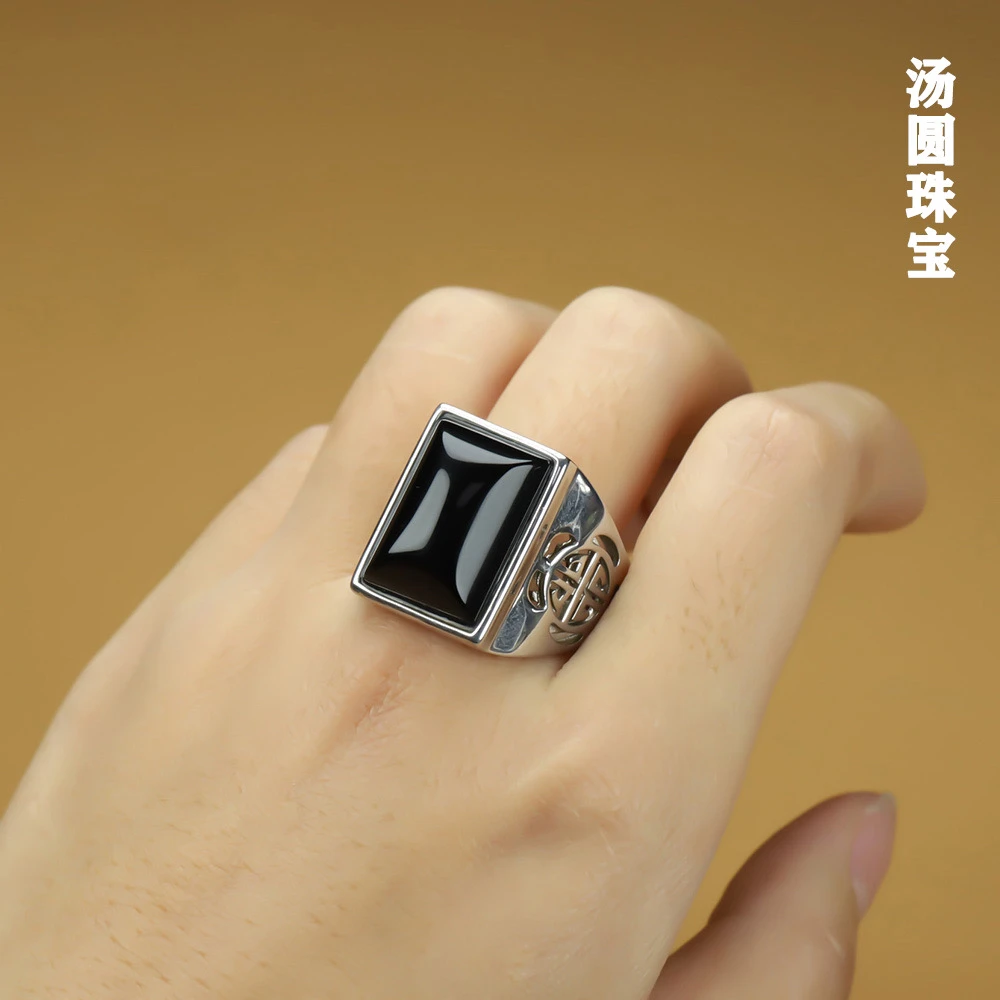 天然黑金刚大版平安戒男士s925银镶嵌开口戒可调节