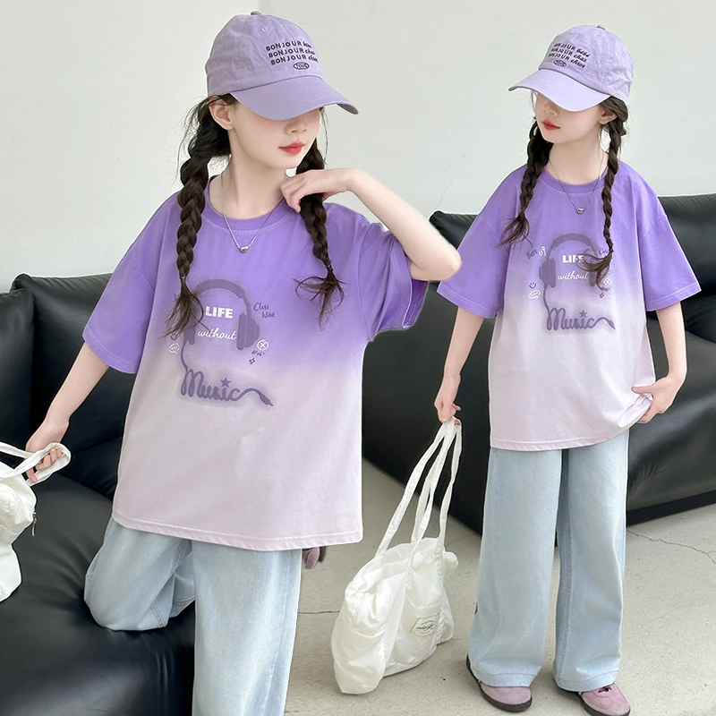 女童套装夏装2025新款儿童洋气渐变短袖T恤阔腿裤中大童两件套潮