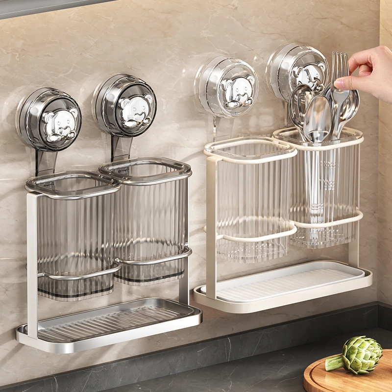 吸盘筷子收纳盒免打孔壁挂式厨房置物架家用沥水架筷子勺子收纳架