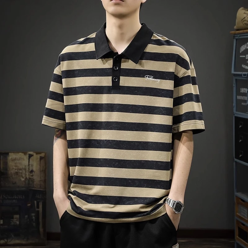 U&PURA夏季新款条纹短袖Polo衫t恤男款新款重磅宽松潮流半袖T恤