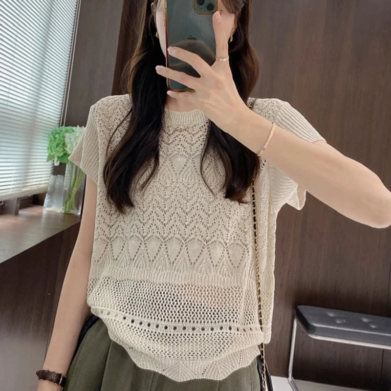 时尚气质设计感镂空圆领针织上衣女2025夏季新款洋气宽松显瘦短袖