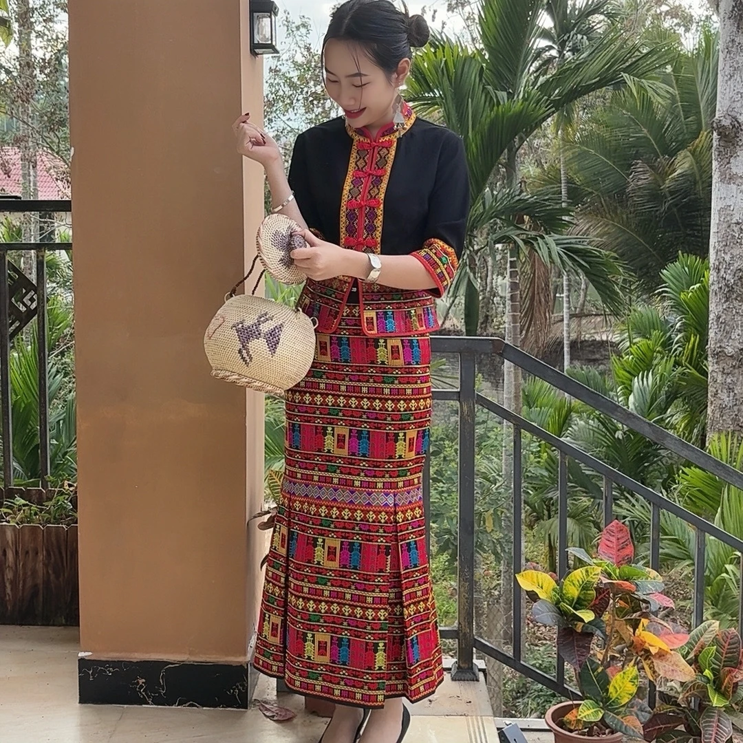 海南黎锦服饰立领盘扣聚会表演服饰女士鱼尾裙套装