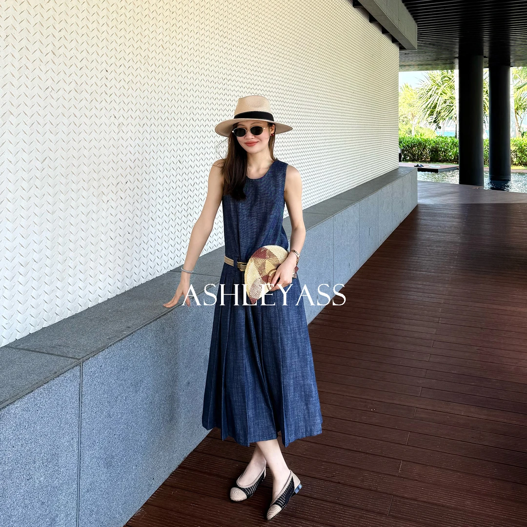 【ASHLEYASS】“梦蓝”斜纹背心连衣裙压褶慵懒松弛裙子LSQ250145Y