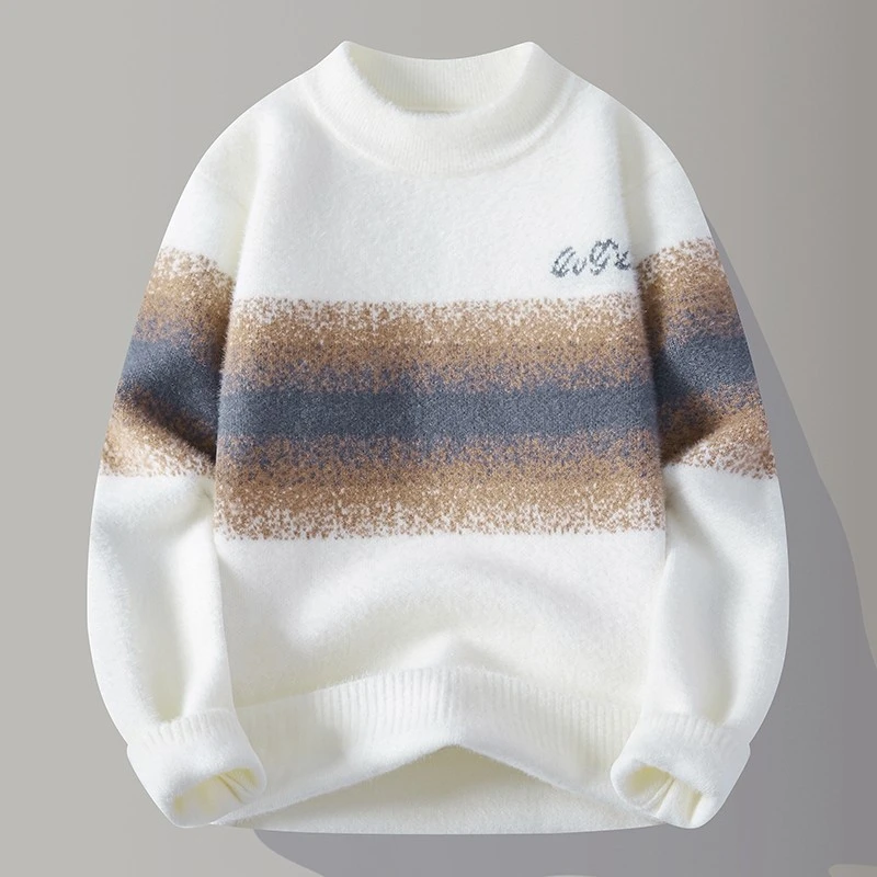 撞色条纹仿水貂绒毛衣男小众设计感秋冬季慵懒风海马毛套头针织衫