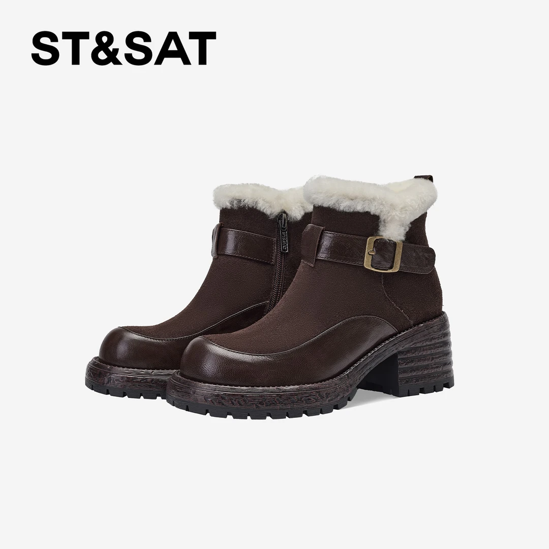 St&Sat/星期六英伦风复古加绒短靴粗跟百搭时装靴星期六堆堆靴