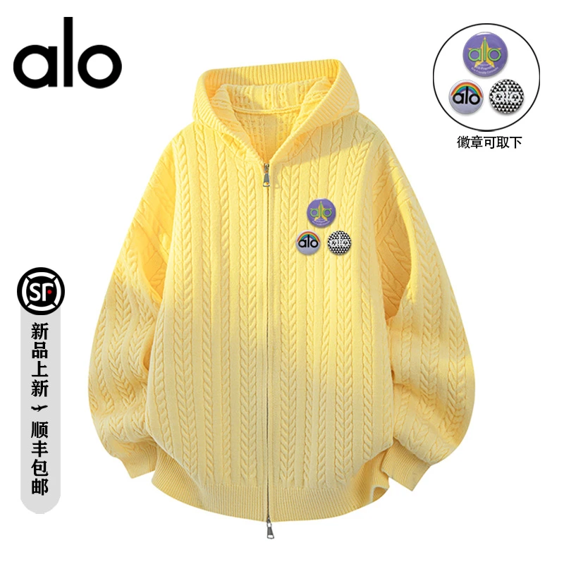 alo潮牌 秋冬季徽章别针时尚针织毛衣宽松休闲情侣开衫卫衣外套男