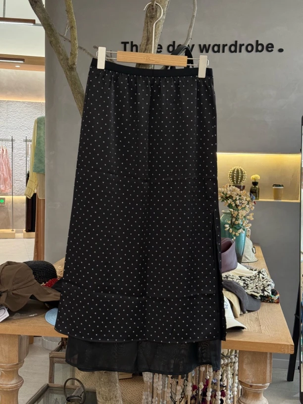 卡麦酱-HY 侧开叉拼接波点半裙 3058