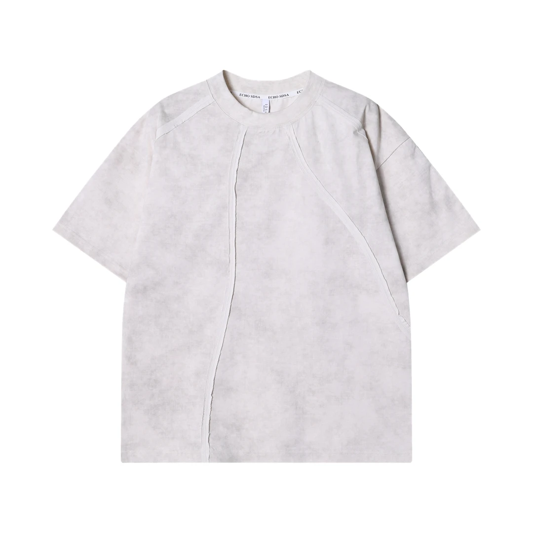 夏季高级感新款韩系不规则压线圆领短袖T恤百搭潮流简约宽松上衣