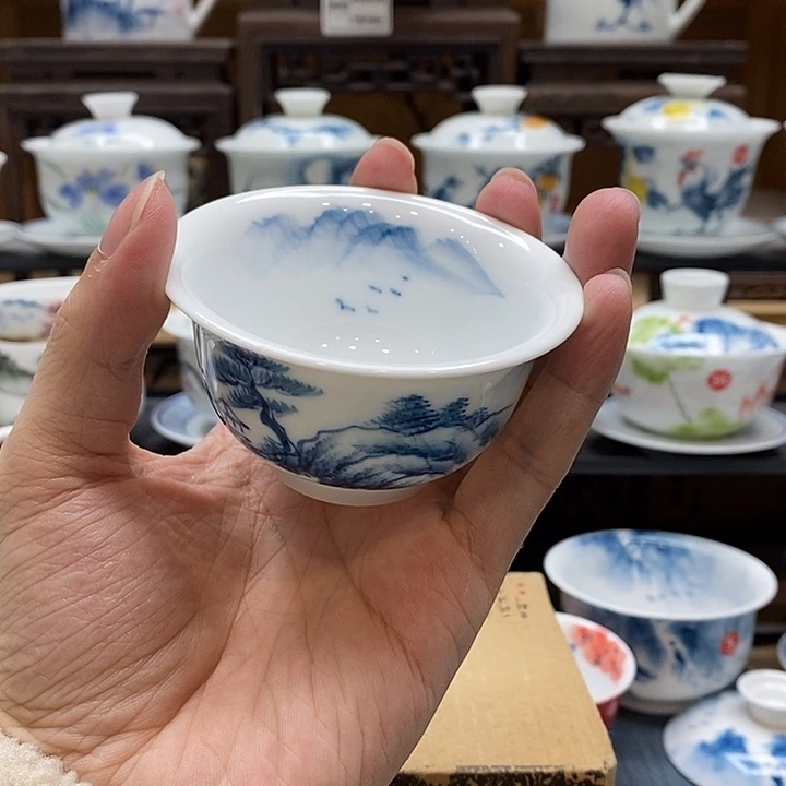 手绘山水压手杯85cc釉下彩微瑕福利款