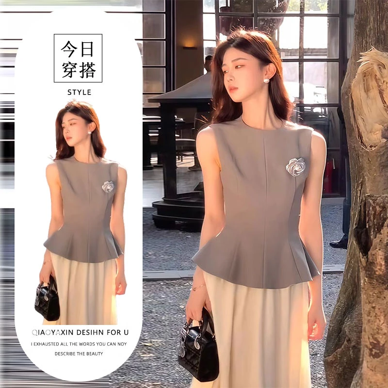 韩系百搭好看海边度假风气质无袖背心高腰大摆裙百搭长裙女两件套