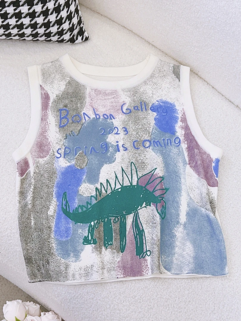 琳心丨夏季新款时尚扎染卡通恐龙印花圆领无袖背心 SX6181