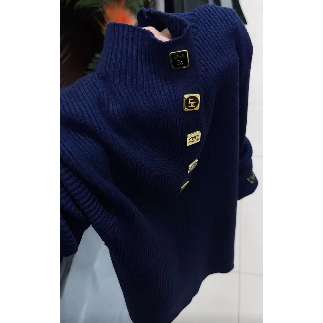 今年流行穿搭2025秋冬新款温柔风方扣设计半高领休闲风针织衫上衣