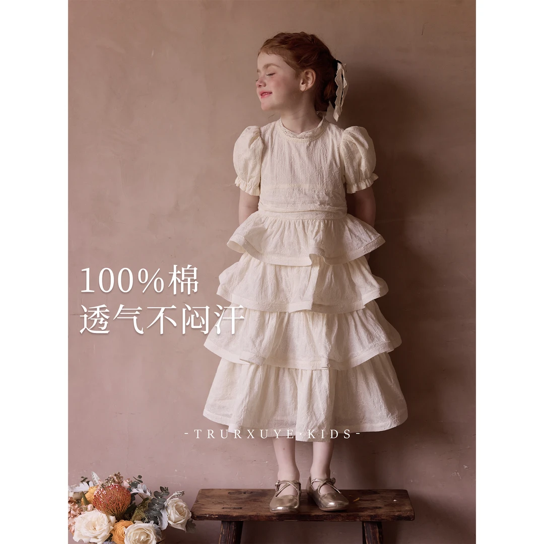 初煦vintage法式宫廷风刺绣蛋糕连衣裙复古泡泡袖儿童生日公主裙