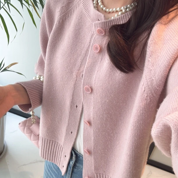 阿玛施548033[粉红气泡]春新款毛衣气质简约U领圆领双口袋开衫