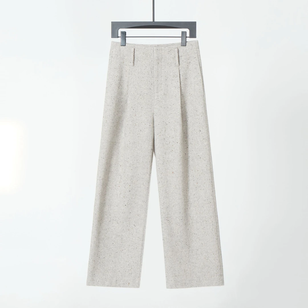 秋冬彩点梭织羊毛裤宽松复古米白色时尚百搭简约舒适毛呢裤K0005