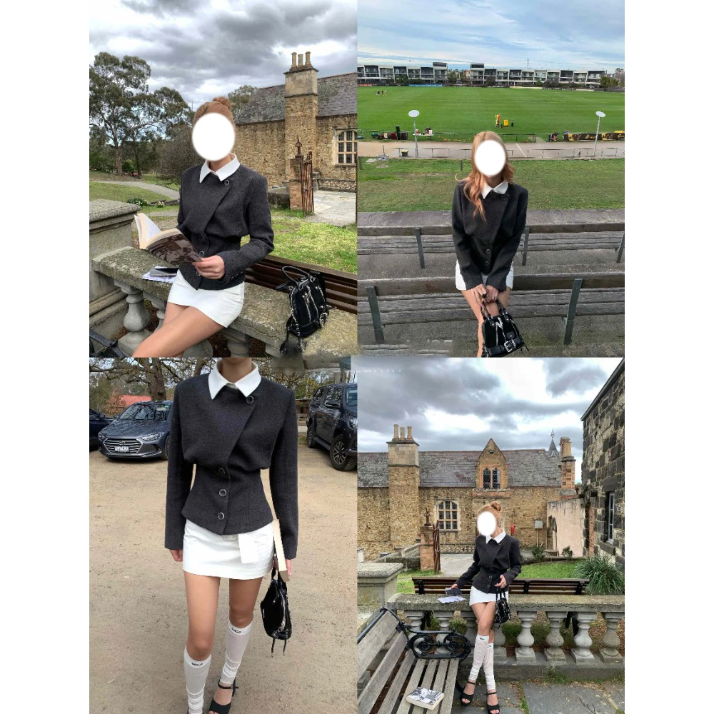 御姐风假两件拼接长袖毛呢外套女秋冬新款设计感收腰显瘦短款上衣