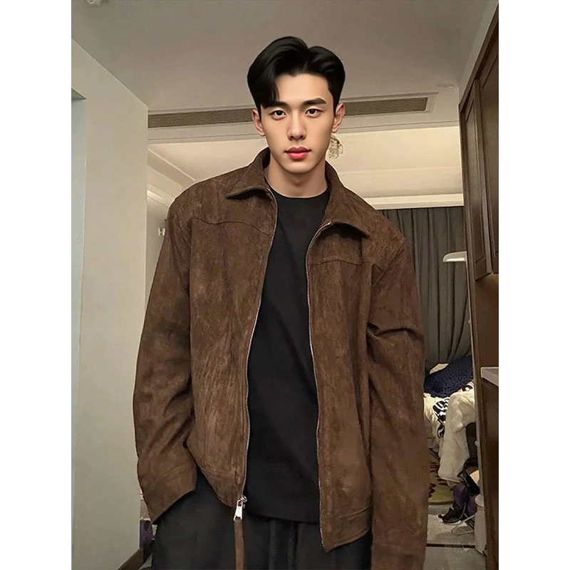 美拉德咖色巴恩风工装外套男秋季美式复古麂皮夹克短款正肩棒球服