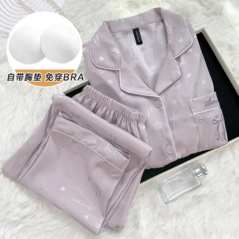 睡衣女宽松纯欲学生冰雪丝家居服春秋季套装长袖带胸垫女士薄款